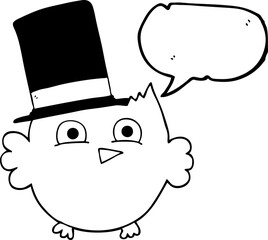 speech bubble cartoon little owl with top hat