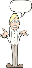 cartoon man shrugging shoulders with speech bubble