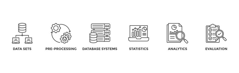 Data mining banner web icon vector illustration concept with icon of data sets, pre-processing, database systems, statistics, analytics and evaluation	