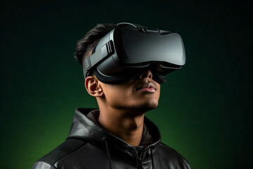 Futuristic cyberspace cyberpunk person wearing headset for metaverse generative ai gamer player