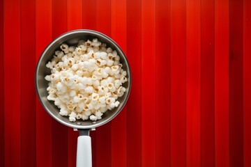 Popcorn on frying pan, top view on red background with free copy space, snack concept