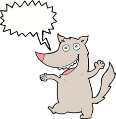 cartoon happy wolf with speech bubble