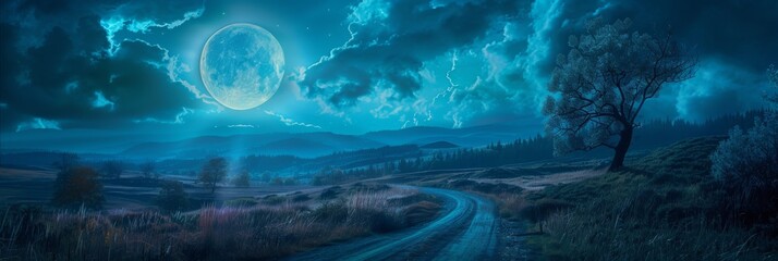Fantasy Fairy Tale Full Moon Illuminates the Night Road, Shining Moonlight, Road to Huge Moon, - obrazy, fototapety, plakaty