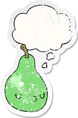 cartoon pear and thought bubble as a distressed worn sticker