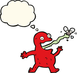 cartoon frog catching fly with thought bubble