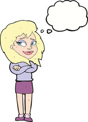 cartoon woman with crossed arms with thought bubble