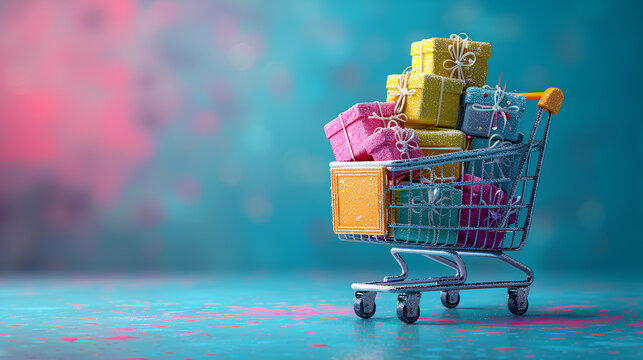 3D of a shopping cart with glittery gift boxes stacked on a blue background, Summer sale promotion. Shopping online concept.