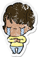 distressed sticker of a cartoon woman crying