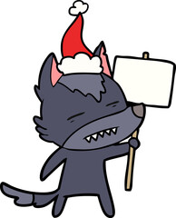 line drawing of a wolf with sign post showing teeth wearing santa hat