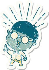 grunge sticker of tattoo style man with genius idea