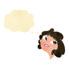 cartoon happy woman with thought bubble