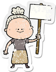 distressed sticker of a cartoon happy old woman