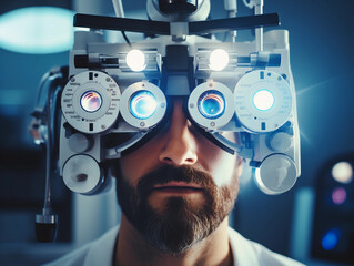 doctor at a optical clinic with futuristic ophthalmoscope equipment performing eye test and vision cure research as wide banner with copy space area 