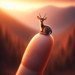 Cuteness. A fawn with spots and budding antlers rests on a fingertip, silhouetted against a forest sunset