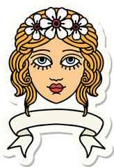 tattoo sticker with banner of female face with crown of flowers