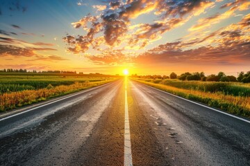 Sunrise Road, Summer Sunny Highway, Journey Landscape, Way to Sunlight Horizon, Copy Space