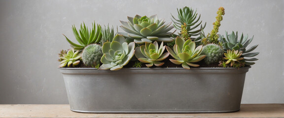 Bunch / group of succulents potted in a grey vintage French zinc pot, isolated, flat lay / top view - obrazy, fototapety, plakaty