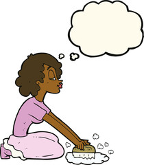 cartoon woman scrubbing floor with thought bubble