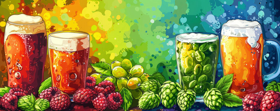 A colorful image of four different types of beer and fruit