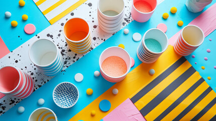 A colorful array of cups and bowls on a table - obrazy, fototapety, plakaty