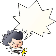 cute cartoon kicking karate champion and speech bubble in smooth gradient style