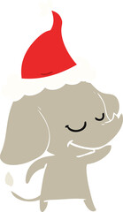 flat color illustration of a smiling elephant wearing santa hat