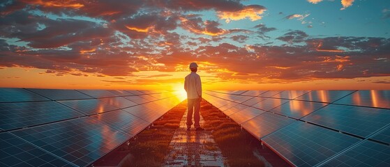 Engineer Walking On Industrial Solar Panel At sunset. Inspecting Energy Farm. Generative AI. - obrazy, fototapety, plakaty