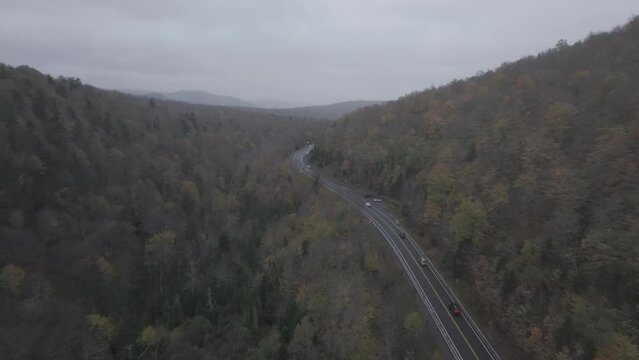 Aerial video of roads and fall trees with fall colors in New England