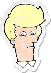 retro distressed sticker of a cartoon man narrowing eyes