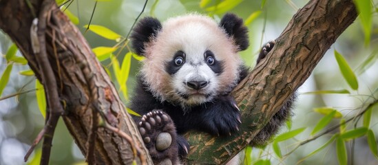 Obraz premium Close-up view of an eye-catching cute baby bear's expressive face hanging on a tree trunk