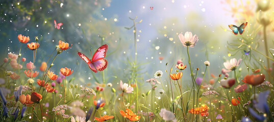 Flowers and butterflies summer banner