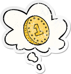 cartoon coin and thought bubble as a distressed worn sticker