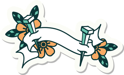 tattoo sticker with banner of iron nail