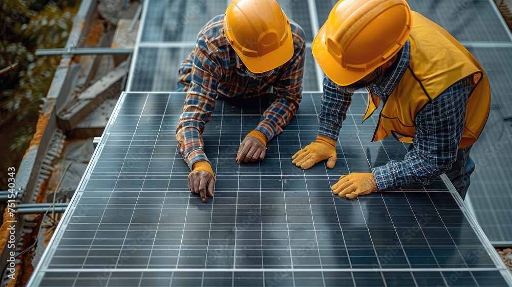 Poster group of engineers working on solar panel and blueprint with solar cell equipment on construction si