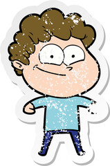 distressed sticker of a cartoon happy man