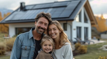 Happy young modern family, mother father and child standing in front of their modern white single-family house with photovoltaics on the roof. Generative AI. - obrazy, fototapety, plakaty