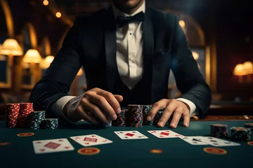 Fotobehang Luxurious restaurant casino las vegas vip night Generative AI poker slots cards roulette players gamers. © Tetiana