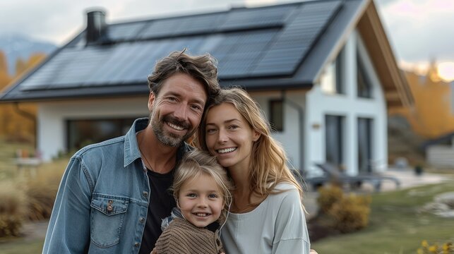 Happy young modern family, mother father and child standing in front of their modern white single-family house with photovoltaics on the roof. Generative AI.
