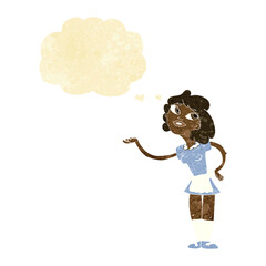 cartoon waitress serving with thought bubble