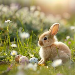 Fototapeta premium Cute Rabbit, Bunnies and Easter Eggs on Spring Meadow, April Celebration Background, Easter Card