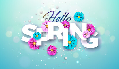 Hello Spring Nature Theme Illustration with Colorful Flower and Typography Lettering on Blue Background. Floral Design Template with Typography Letter for Banner, Flyer, Invitation, Poster or Greeting