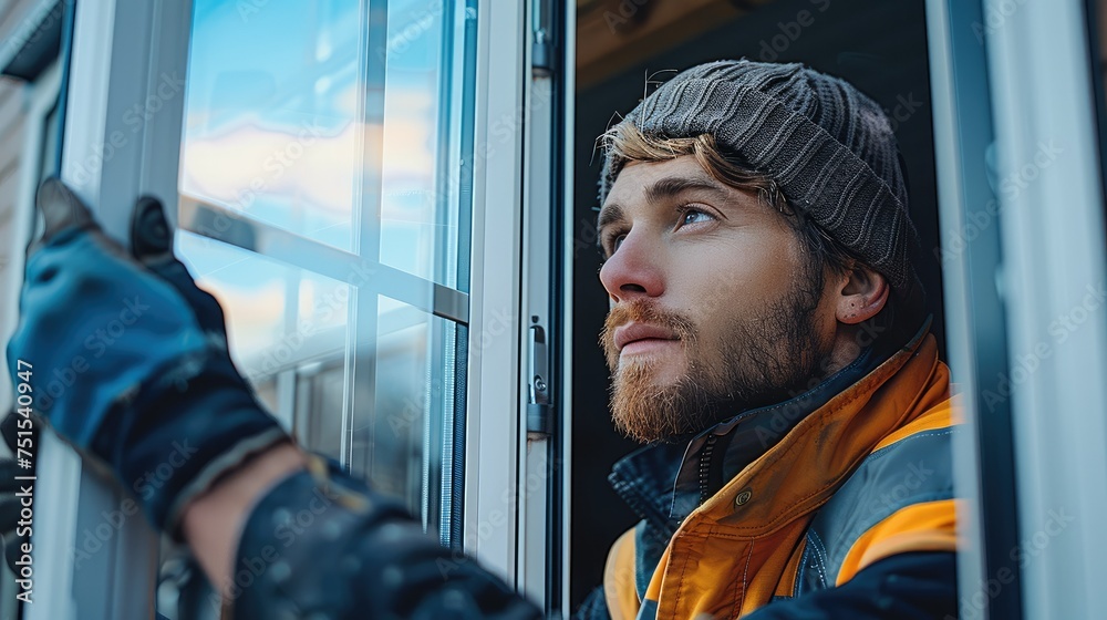 Aufkleber Worker installing a window at house. Generative AI.