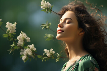 Naklejka premium Creative Generative AI technology picture of happy people surrounded by spring blossom enjoying great day