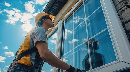 Worker installing a window at house. Generative AI. - obrazy, fototapety, plakaty
