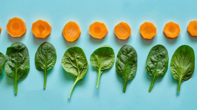 Vibrant carrots and spinach leaves arranged in alternating rows on a blue surface, a playful take on healthy eating