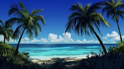 Palms swaying in the breeze, their silhouettes contrasting against the clear, deep blue sky of a tropical paradise.