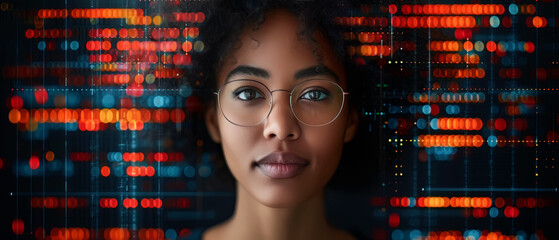 Close-up of a woman with glowing digital data streams. Woman with Glasses Against Digital Data Background