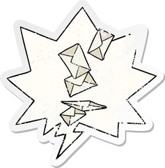 cartoon envelopes falling and speech bubble distressed sticker