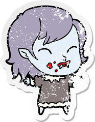 distressed sticker of a cartoon vampire girl with blood on cheek