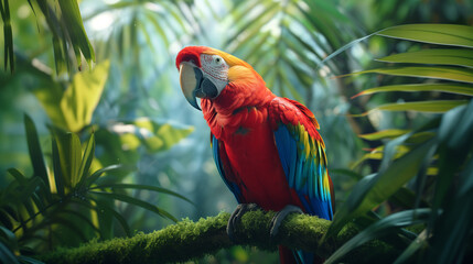 A majestic Scarlet Macaw perched on a mossy branch surrounded by tropical foliage. Desktop wallpaper of tropical wildlife.
